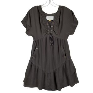 Anthropologie Leifsdottir Silk Mini Dress Womens 4 Grey Lace Up Tiered Ruffle
